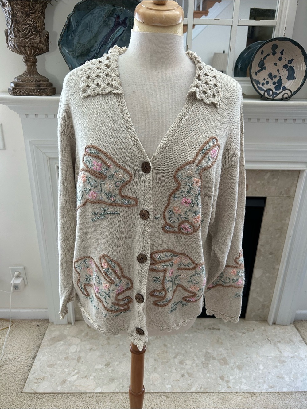 Mandal Bay Vintage Cream Embroidered Bunny Cardigan with Crochet Collar